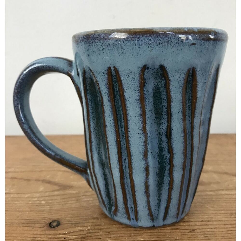 Vtg Studio Art Pottery Handmade Blue Brown Glazed Thick Clay Pottery Mug 5.25"